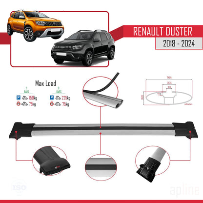 Compatible with Renault Duster 2 (HM) 2018-2024 FLY Model Car Roof Rack Cross Bar Grey Aluminium 2 Bars