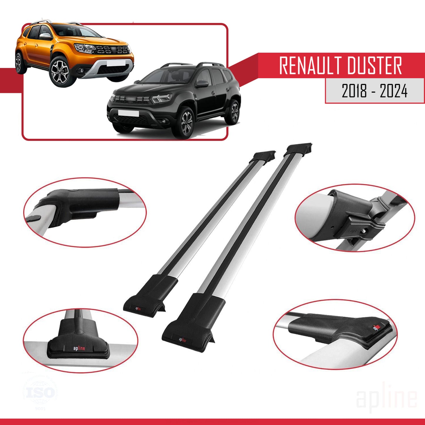 Compatible with Renault Duster 2 (HM) 2018-2024 FLY Model Car Roof Rack Cross Bar Grey Aluminium 2 Bars