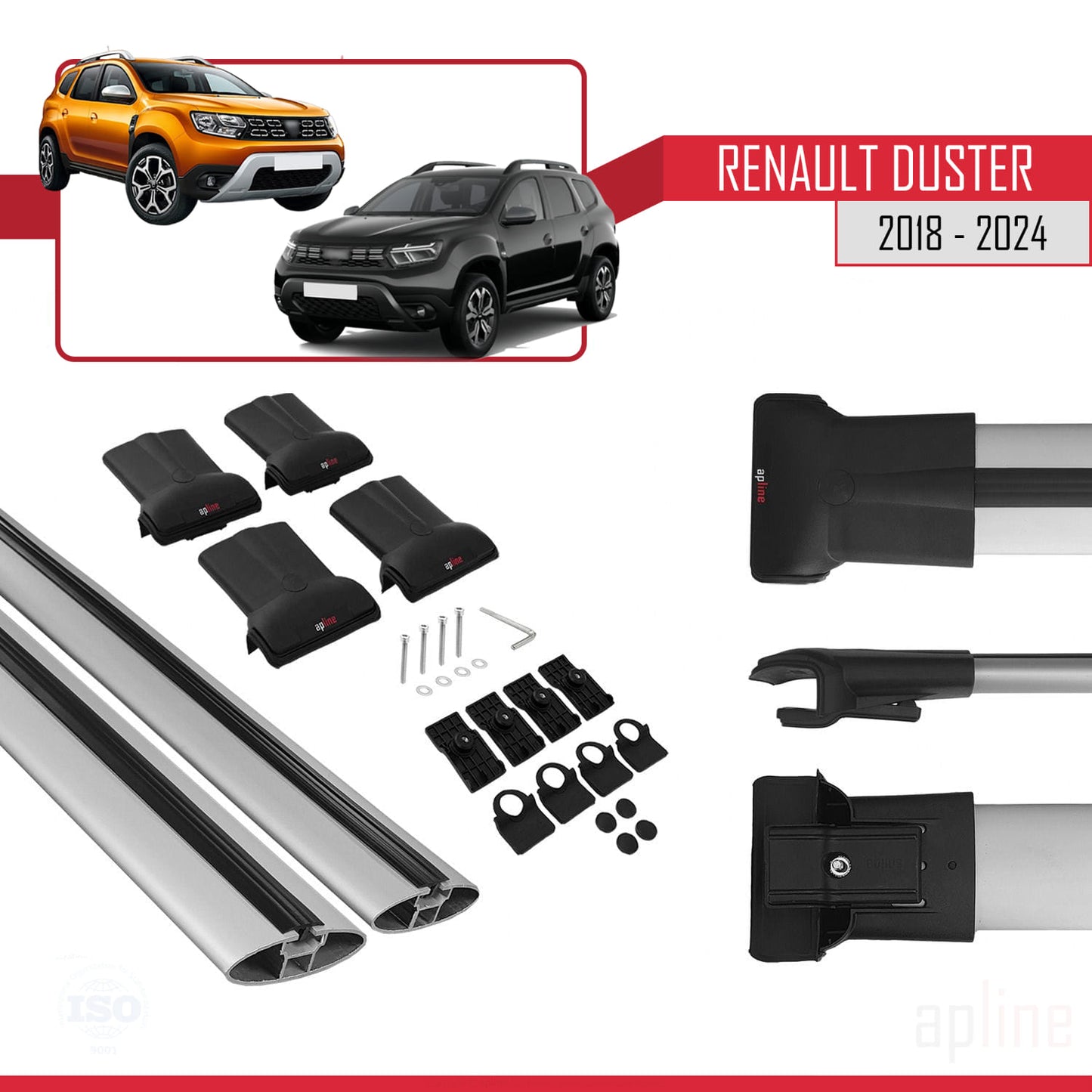 Compatible with Renault Duster 2 (HM) 2018-2024 FLY Model Car Roof Rack Cross Bar Grey Aluminium 2 Bars