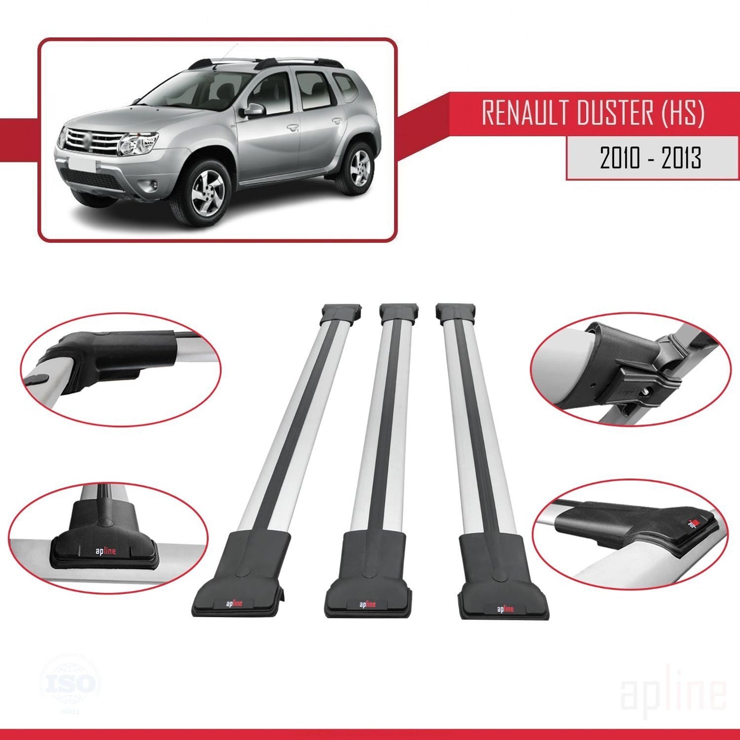 Compatible with Renault Duster (HS) Pre-Facelift 2010-2013 FLY Model Car Roof Rack Cross Bar Grey Aluminium 3 Bars