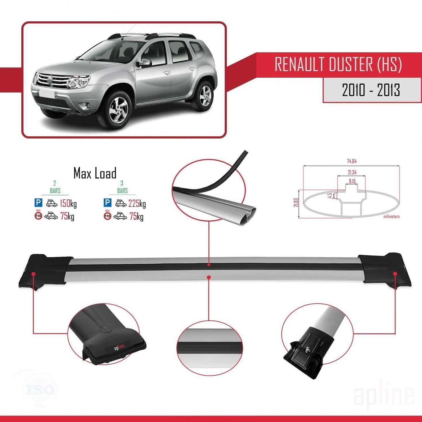Compatible with Renault Duster (HS) Pre-Facelift 2010-2013 FLY Model Car Roof Rack Cross Bar Grey Aluminium 2 Bars