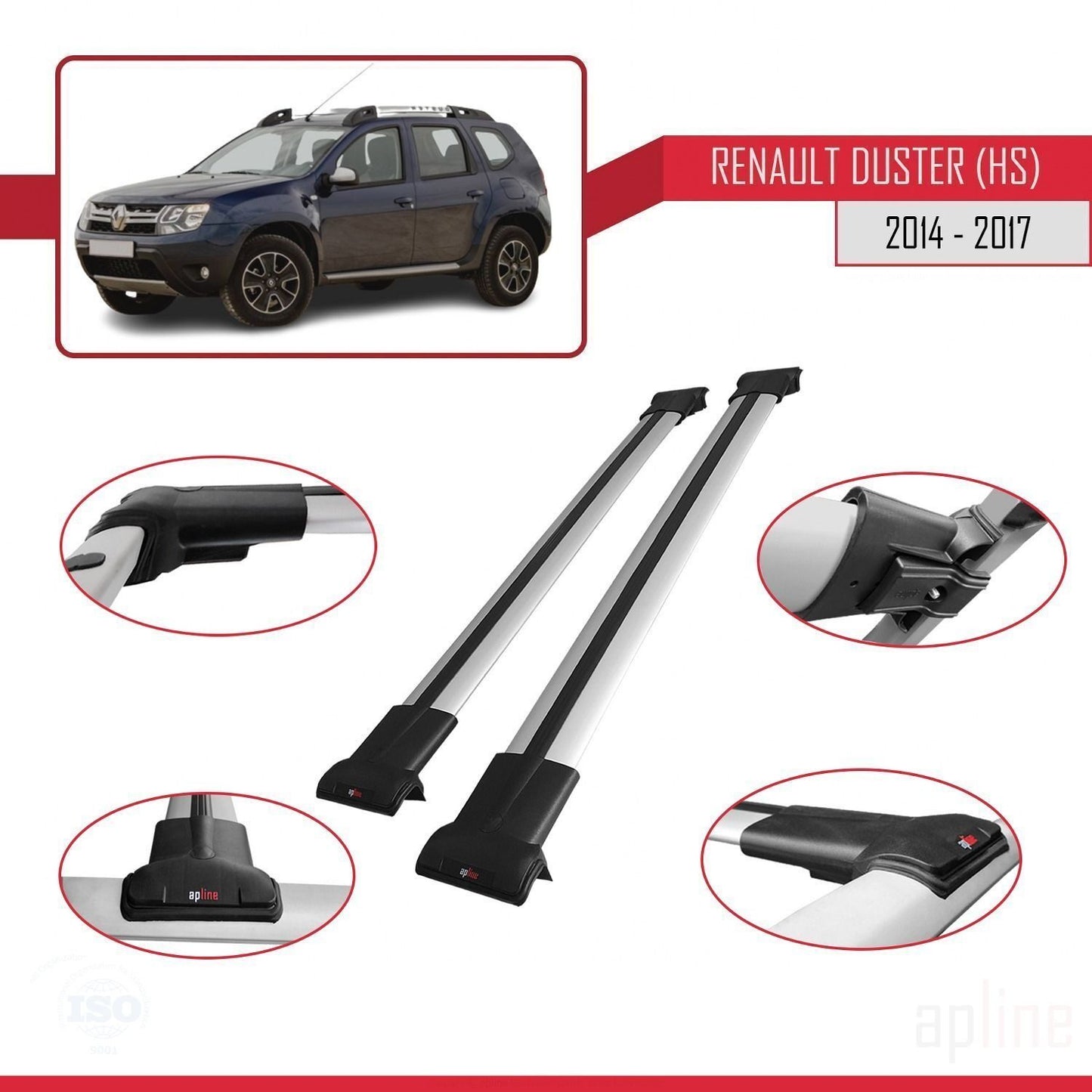 Compatible with Renault Duster (HS) Post-Facelift 2014-2017 FLY Model Car Roof Rack Cross Bar Grey Aluminium 2 Bars