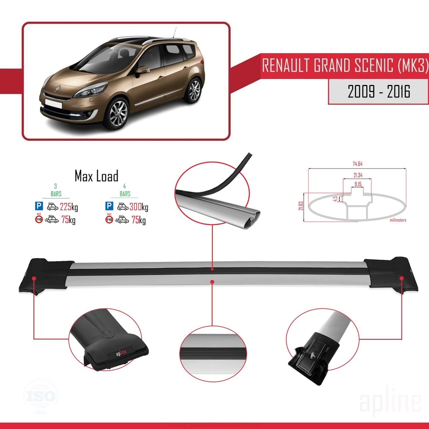 Compatible with Renault Grand Scenic 3 2009-2016 FLY Model Car Roof Rack Cross Bar Grey Aluminium 3 Bars