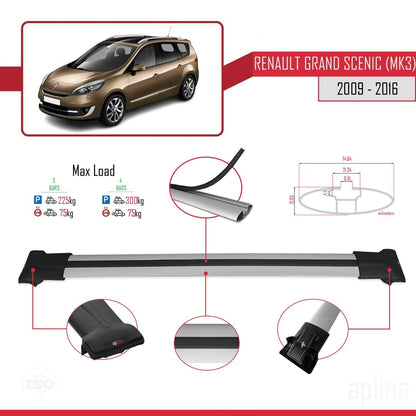 Compatible with Renault Grand Scenic 3 2009-2016 FLY Model Car Roof Rack Cross Bar Grey Aluminium 3 Bars