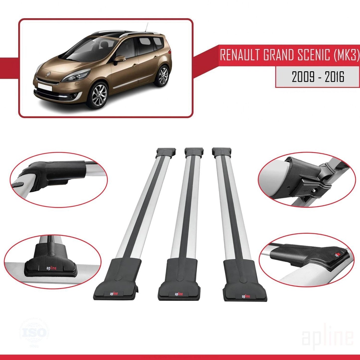 Compatible with Renault Grand Scenic 3 2009-2016 FLY Model Car Roof Rack Cross Bar Grey Aluminium 3 Bars