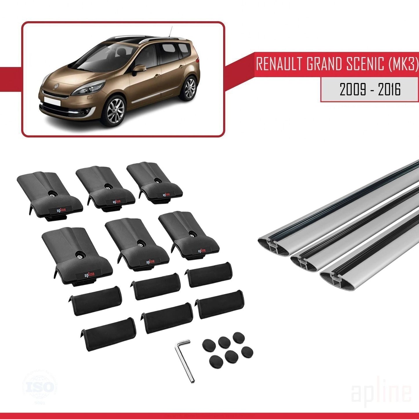 Compatible with Renault Grand Scenic 3 2009-2016 FLY Model Car Roof Rack Cross Bar Grey Aluminium 3 Bars
