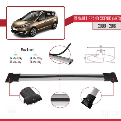 Compatible with Renault Grand Scenic 3 2009-2016 FLY Model Car Roof Rack Cross Bar Grey Aluminium 2 Bars