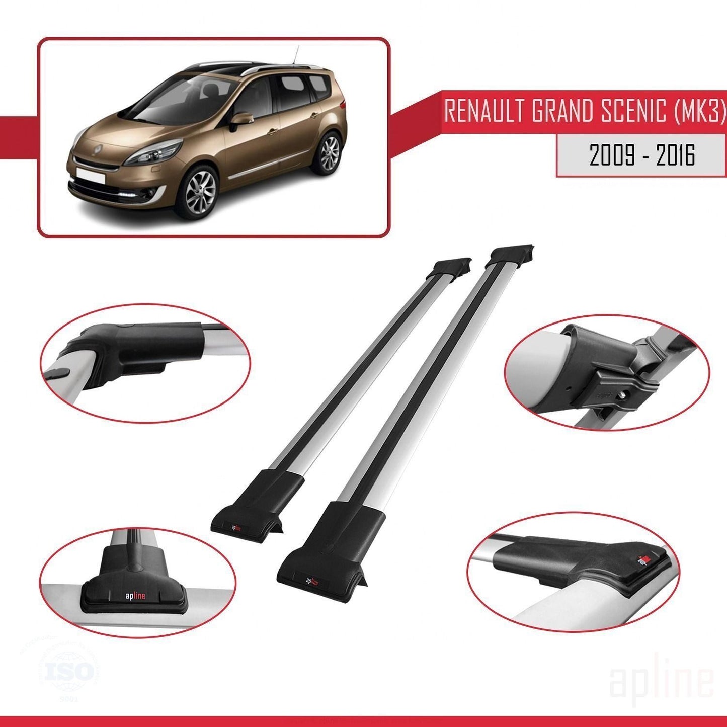 Compatible with Renault Grand Scenic 3 2009-2016 FLY Model Car Roof Rack Cross Bar Grey Aluminium 2 Bars