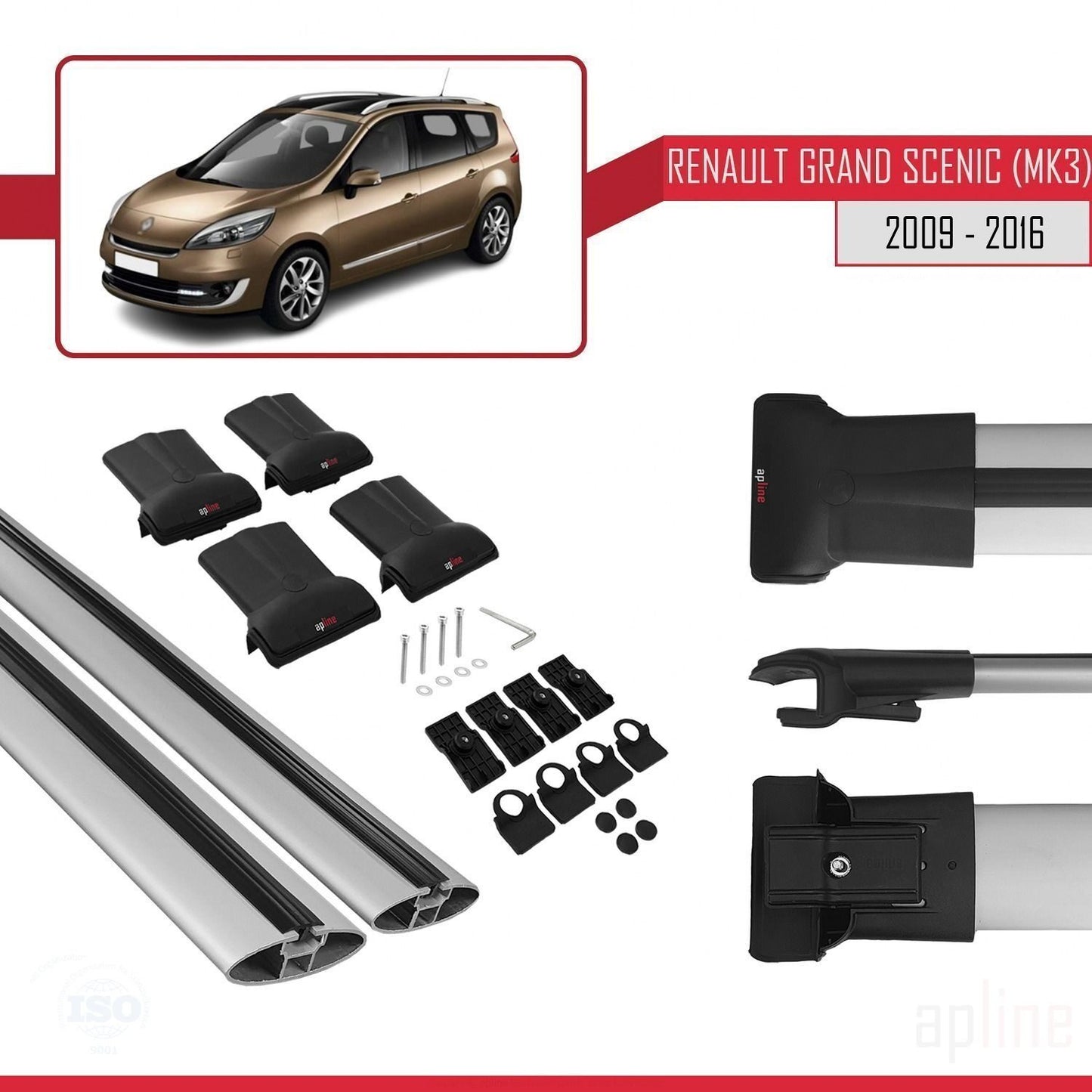 Compatible with Renault Grand Scenic 3 2009-2016 FLY Model Car Roof Rack Cross Bar Grey Aluminium 2 Bars