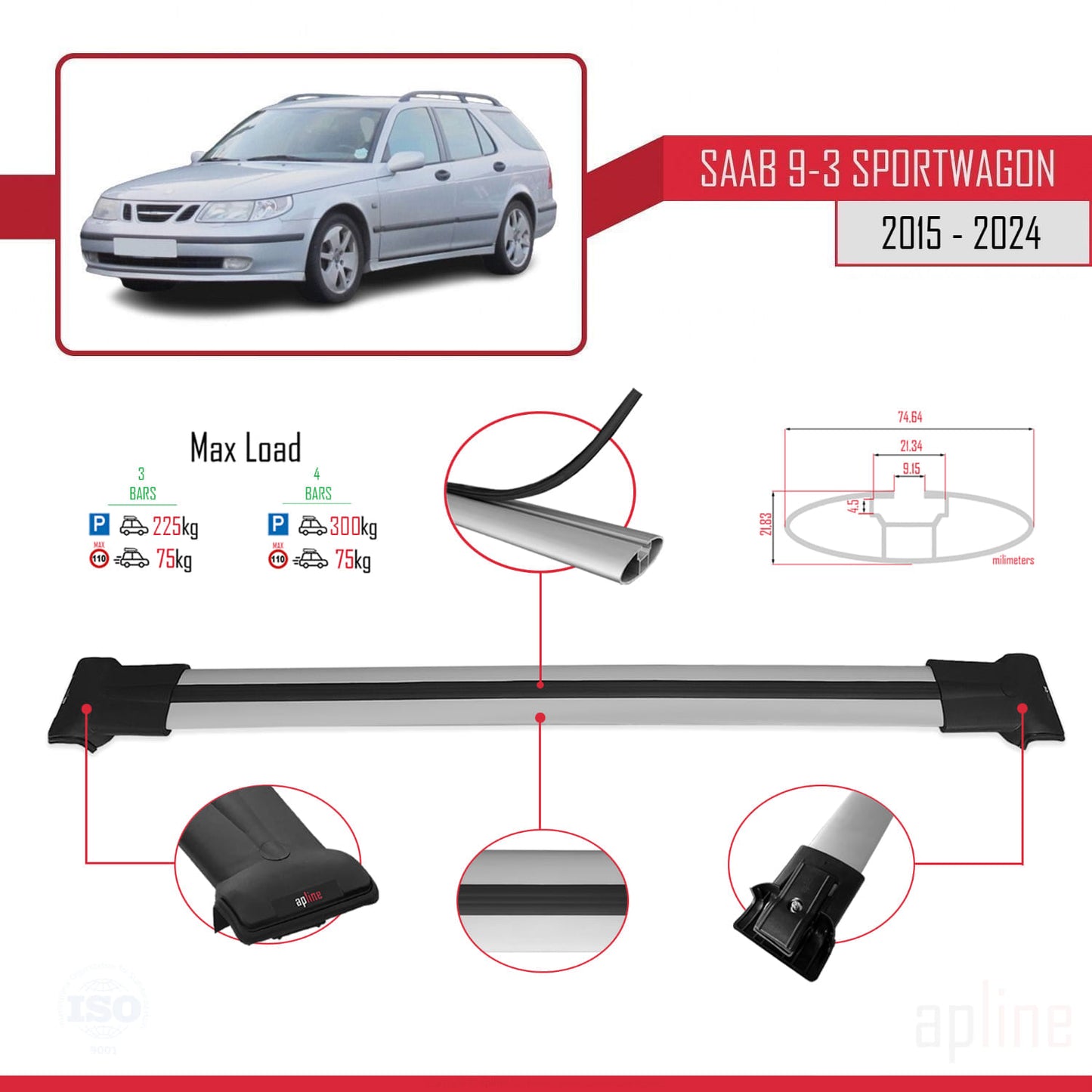 Compatible with Saab 9-3 II SW 2006-2012 FLY Model Car Roof Rack Cross Bar Grey Aluminium 3 Bars