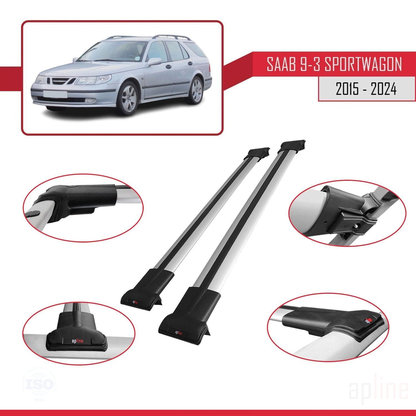 Compatible with Saab 9-3 II SW 2006-2012 FLY Model Car Roof Rack Cross Bar Grey Aluminium 2 Bars