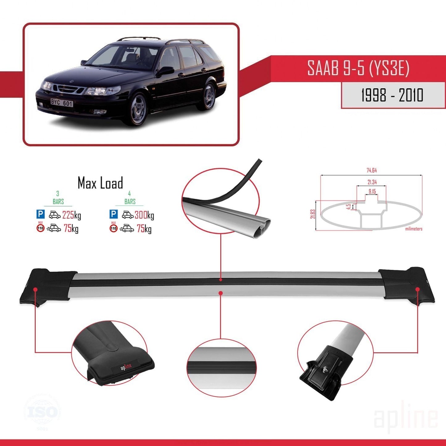 Compatible with Saab 9-5 (YS3E) SW 1998-2010 FLY Model Car Roof Rack Cross Bar Grey Aluminium 3 Bars