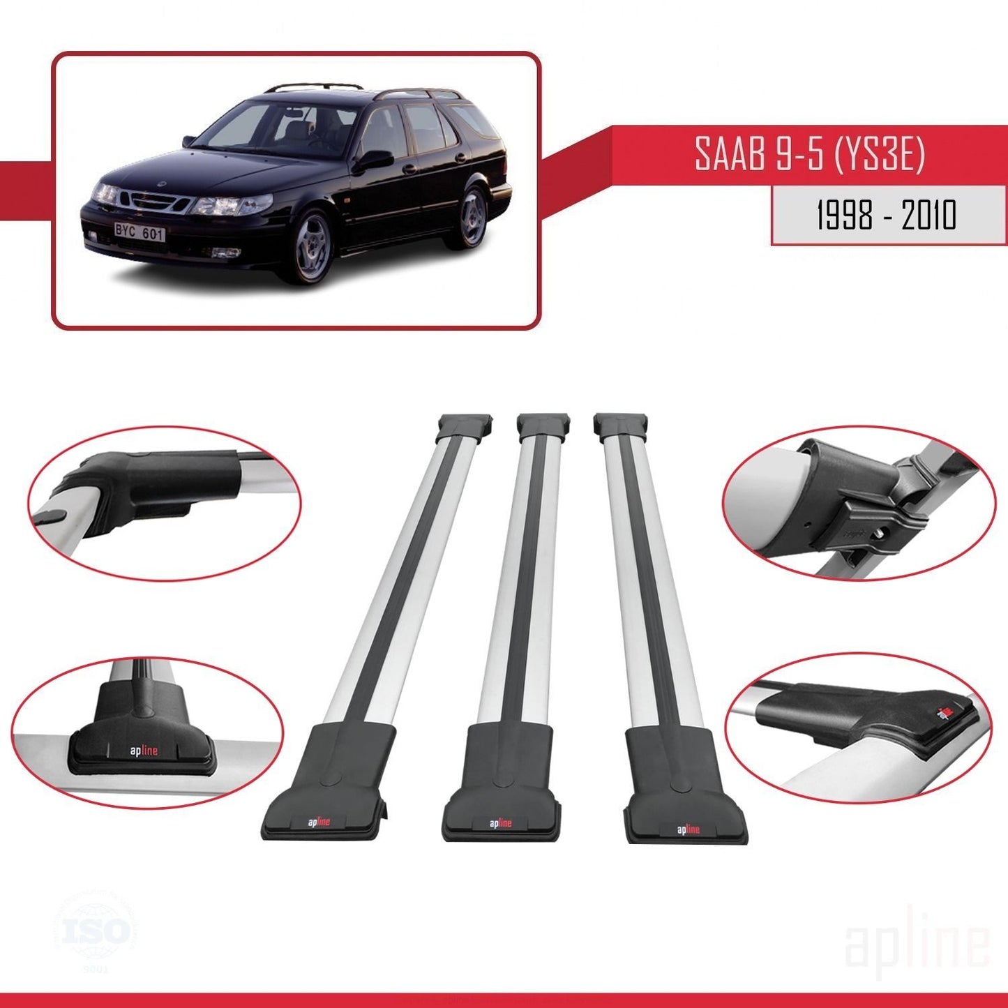 Compatible with Saab 9-5 (YS3E) SW 1998-2010 FLY Model Car Roof Rack Cross Bar Grey Aluminium 3 Bars
