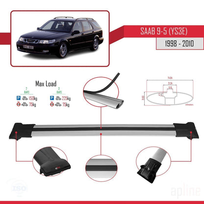 Compatible with Saab 9-5 (YS3E) SW 1998-2010 FLY Model Car Roof Rack Cross Bar Grey Aluminium 2 Bars