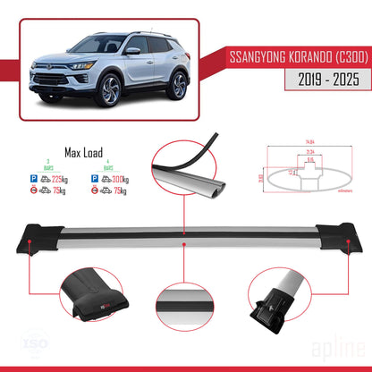 Compatible with Ssangyong Korando 4 (C300) 2019-2025 FLY Model Car Roof Rack Cross Bar Grey Aluminium 3 Bars