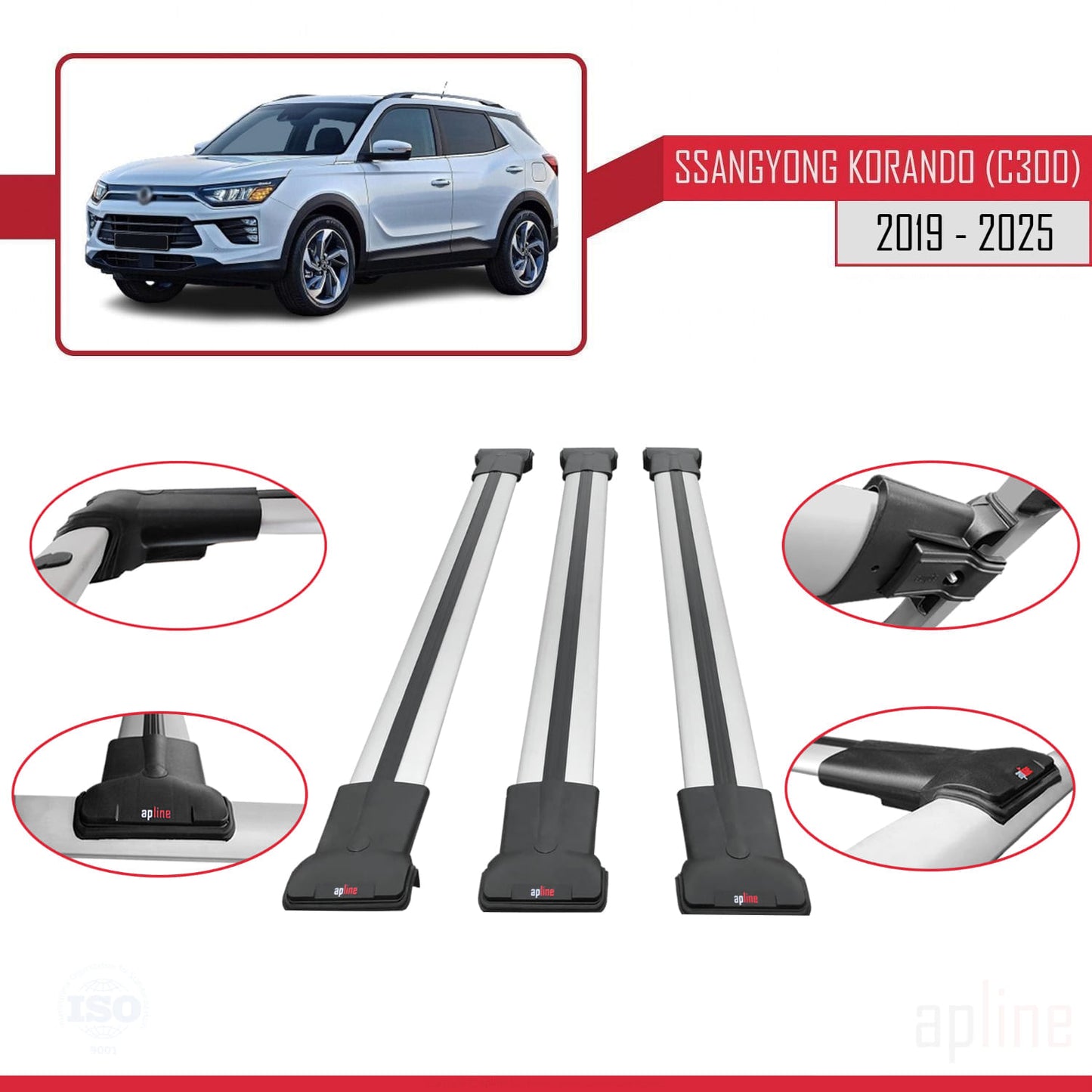 Compatible with Ssangyong Korando 4 (C300) 2019-2025 FLY Model Car Roof Rack Cross Bar Grey Aluminium 3 Bars