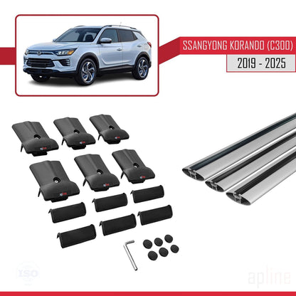 Compatible with Ssangyong Korando 4 (C300) 2019-2025 FLY Model Car Roof Rack Cross Bar Grey Aluminium 3 Bars