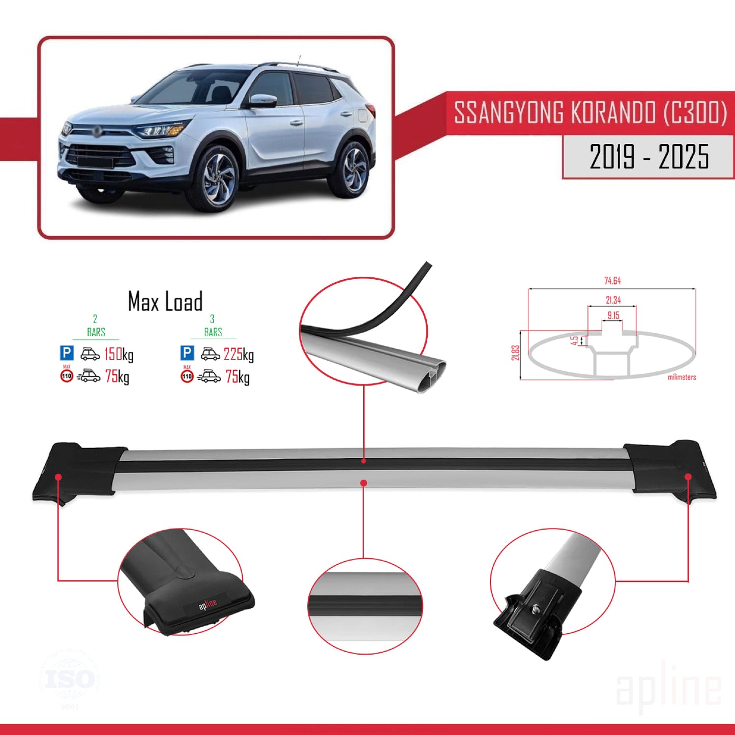 Compatible with Ssangyong Korando 4 (C300) 2019-2025 FLY Model Car Roof Rack Cross Bar Grey Aluminium 2 Bars
