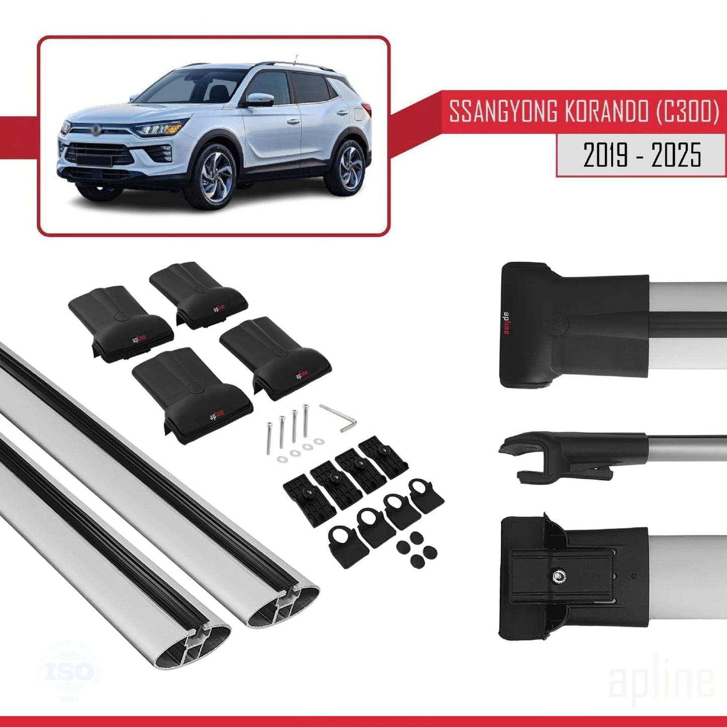 Compatible with Ssangyong Korando 4 (C300) 2019-2025 FLY Model Car Roof Rack Cross Bar Grey Aluminium 2 Bars