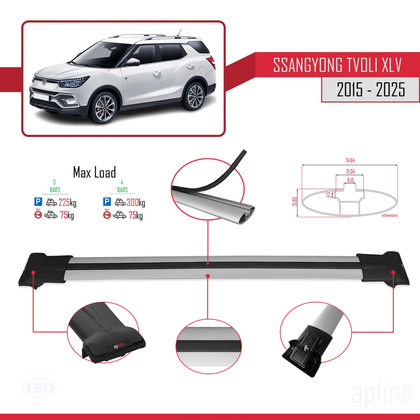 Compatible with Ssangyong Tivoli XLV 2015-2025 FLY Model Car Roof Rack Cross Bar Grey Aluminium 3 Bars
