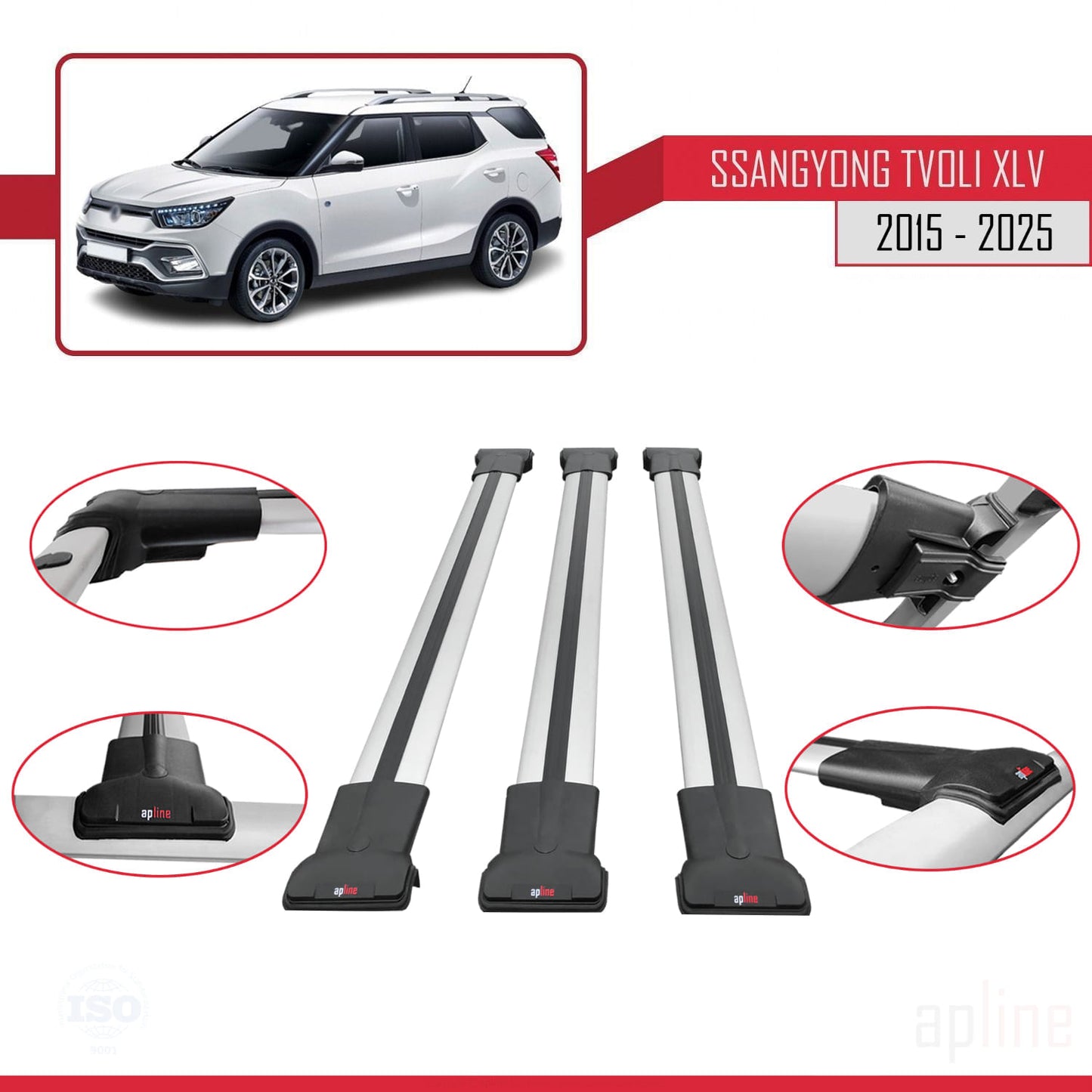 Compatible with Ssangyong Tivoli XLV 2015-2025 FLY Model Car Roof Rack Cross Bar Grey Aluminium 3 Bars