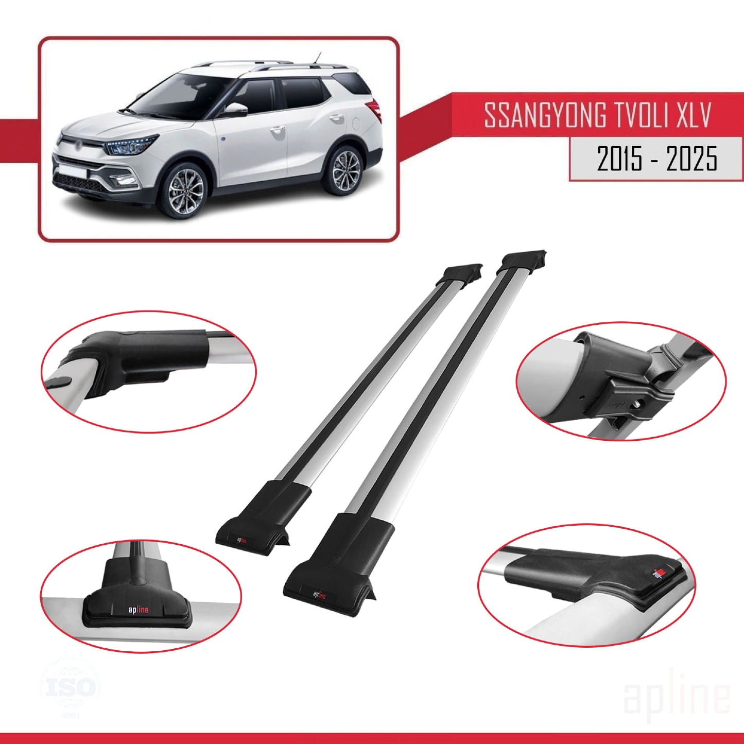 Compatible with Ssangyong Tivoli XLV 2015-2025 FLY Model Car Roof Rack Cross Bar Grey Aluminium 2 Bars