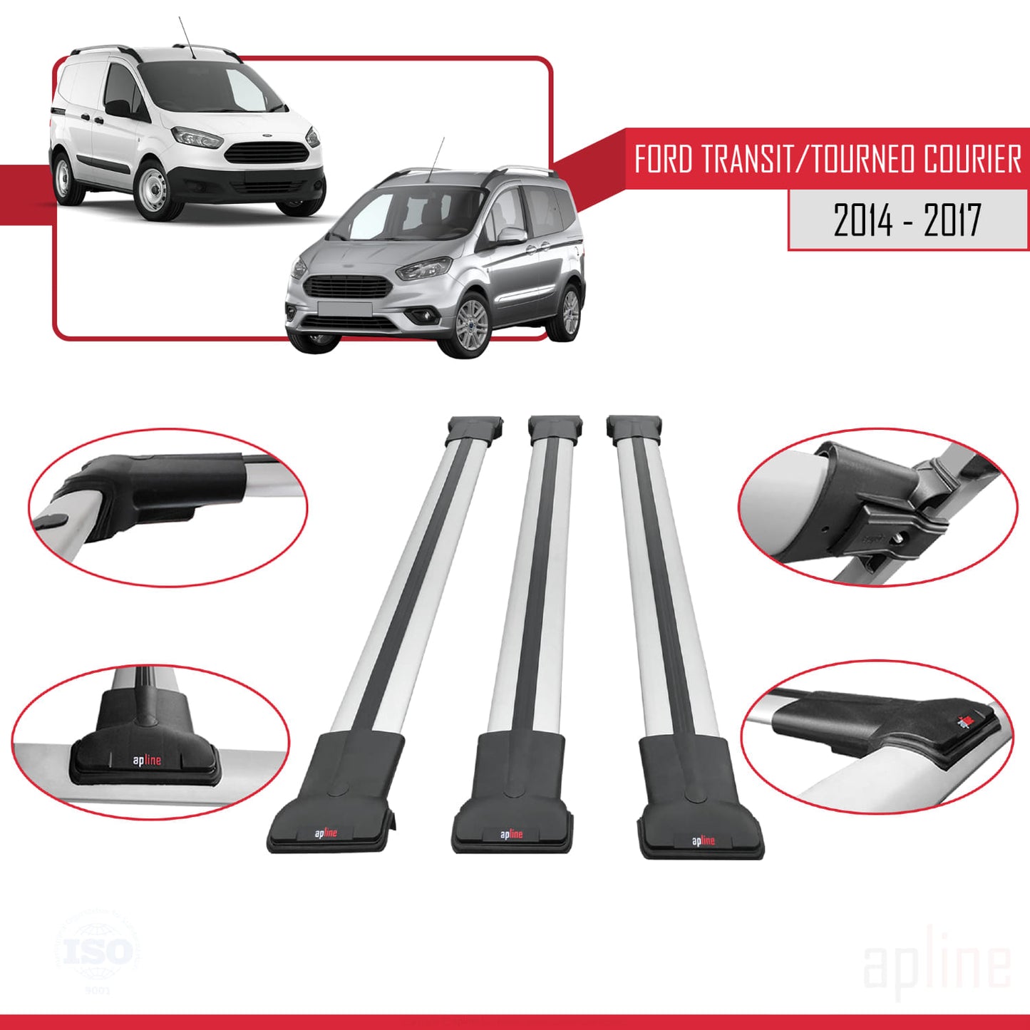 Compatible with Ford Transit/Tourneo Courier Pre-Facelift 2014-2017 FLY Model Car Roof Rack Cross Bar Grey Aluminium 3 Bars