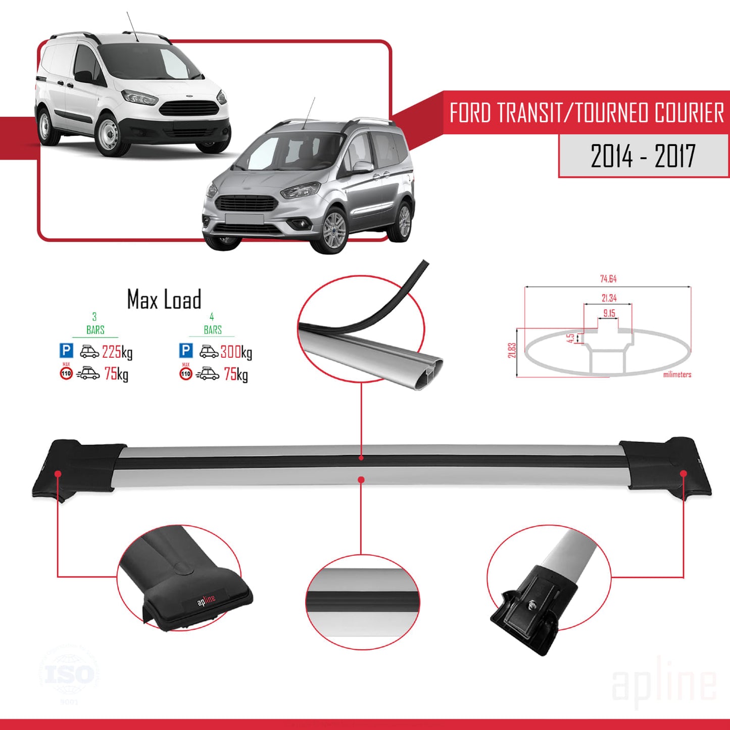Compatible with Ford Transit/Tourneo Courier Pre-Facelift 2014-2017 FLY Model Car Roof Rack Cross Bar Grey Aluminium 4 Bars