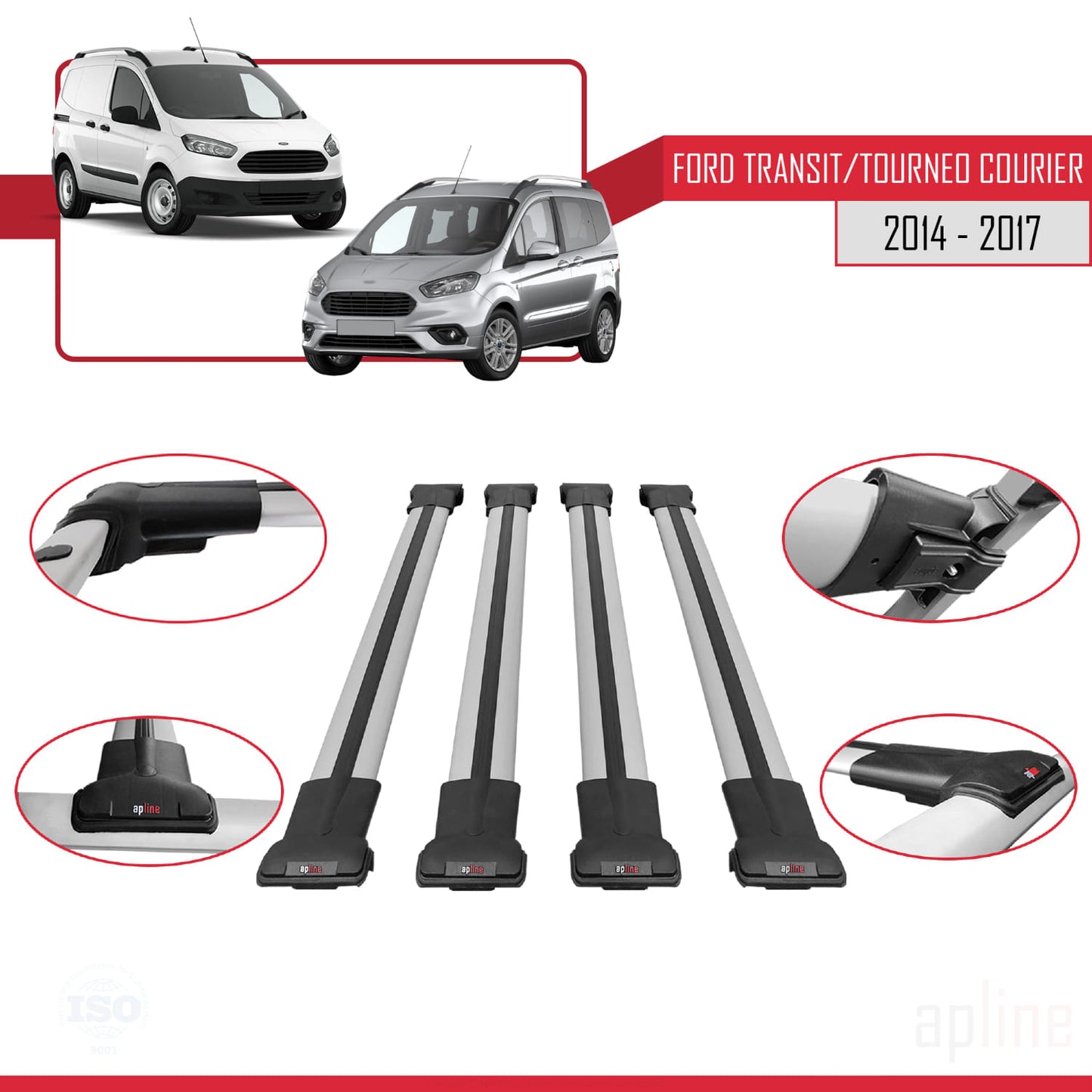 Compatible with Ford Transit/Tourneo Courier Pre-Facelift 2014-2017 FLY Model Car Roof Rack Cross Bar Grey Aluminium 4 Bars