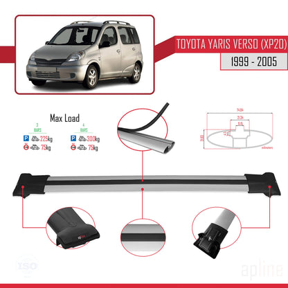 Compatible with Toyota Yaris Verso (XP20) 1999-2005 FLY Model Car Roof Rack Cross Bar Grey Aluminium 3 Bars