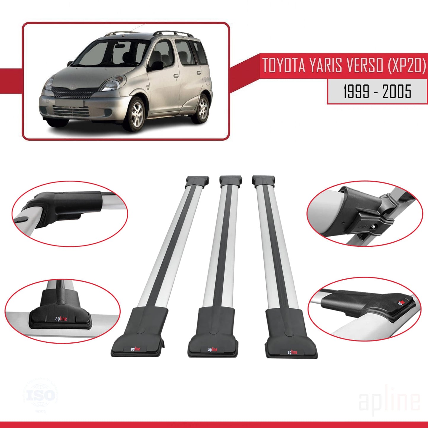 Compatible with Toyota Yaris Verso (XP20) 1999-2005 FLY Model Car Roof Rack Cross Bar Grey Aluminium 3 Bars