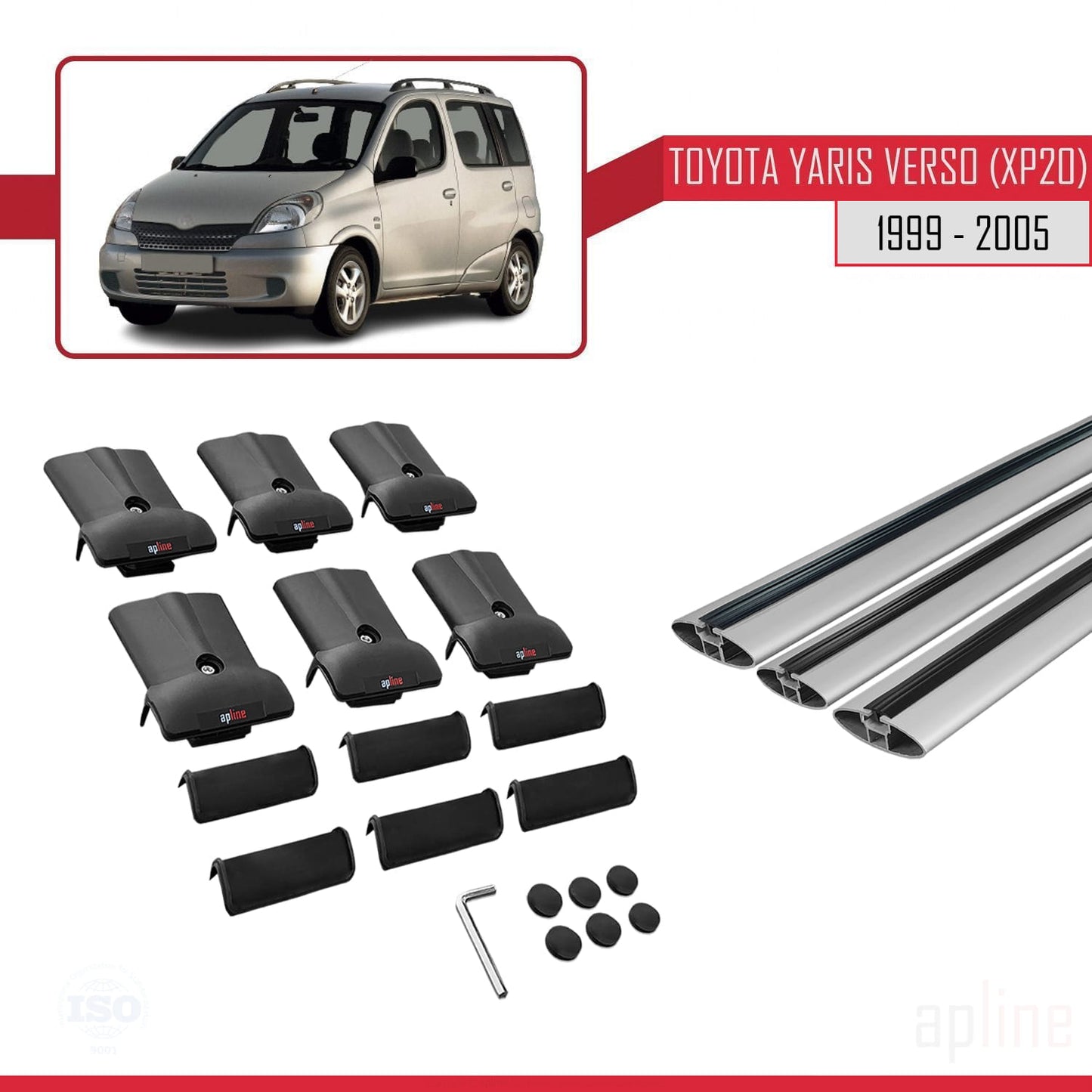 Compatible with Toyota Yaris Verso (XP20) 1999-2005 FLY Model Car Roof Rack Cross Bar Grey Aluminium 3 Bars