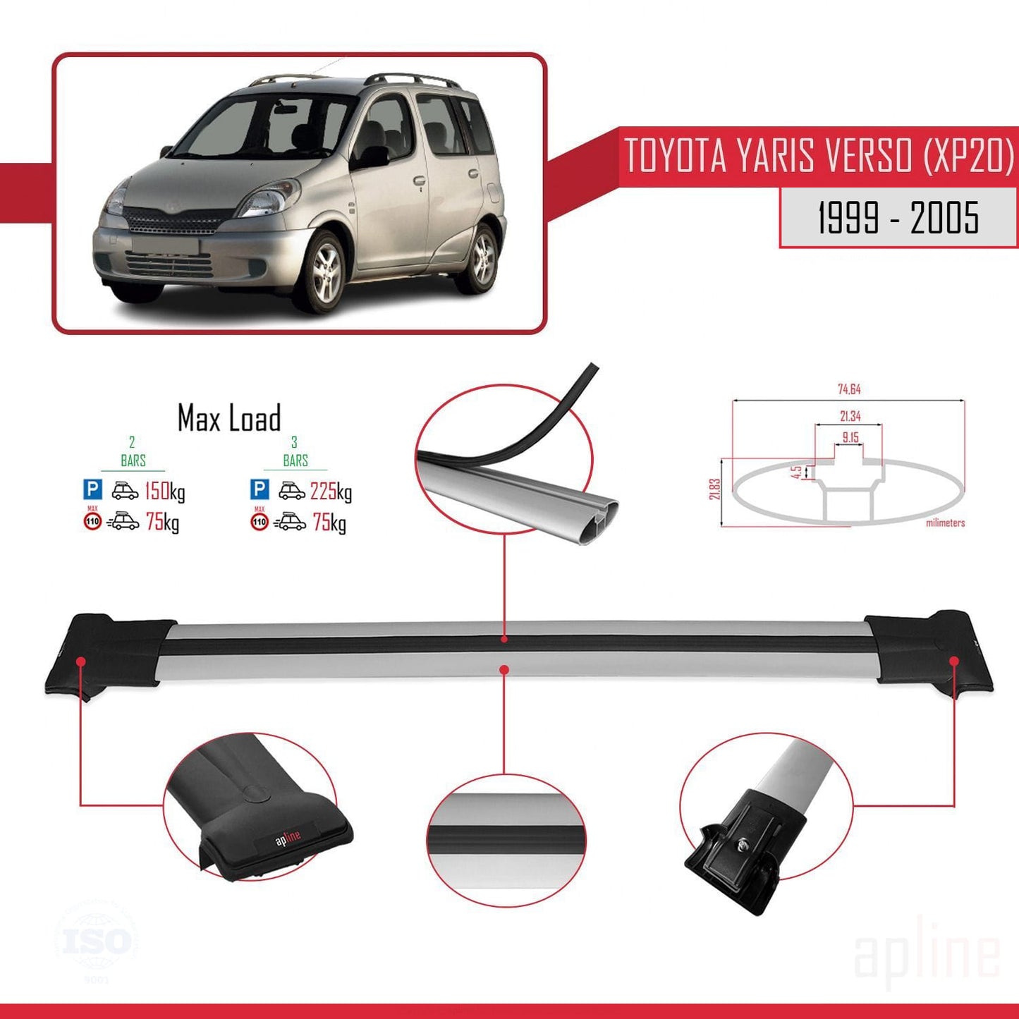 Compatible with Toyota Yaris Verso (XP20) 1999-2005 FLY Model Car Roof Rack Cross Bar Grey Aluminium 2 Bars