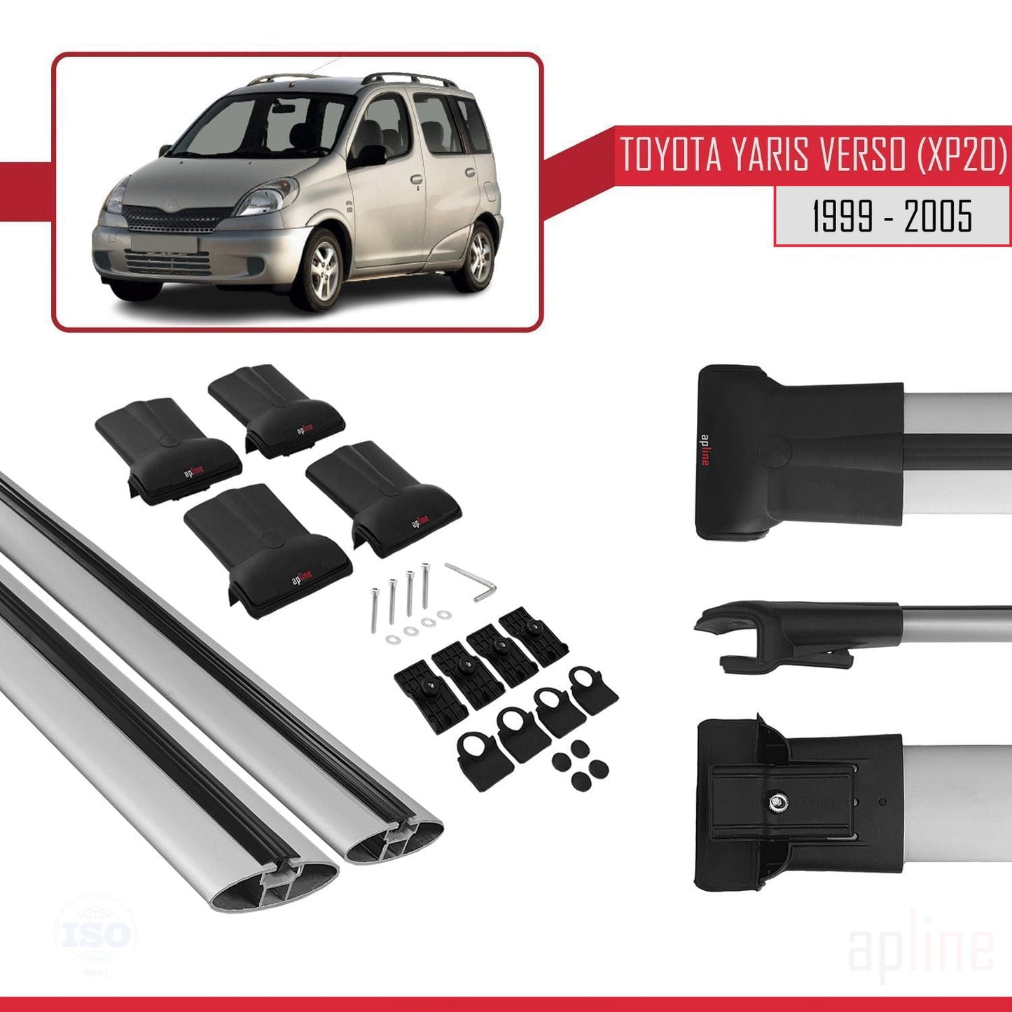 Compatible with Toyota Yaris Verso (XP20) 1999-2005 FLY Model Car Roof Rack Cross Bar Grey Aluminium 2 Bars
