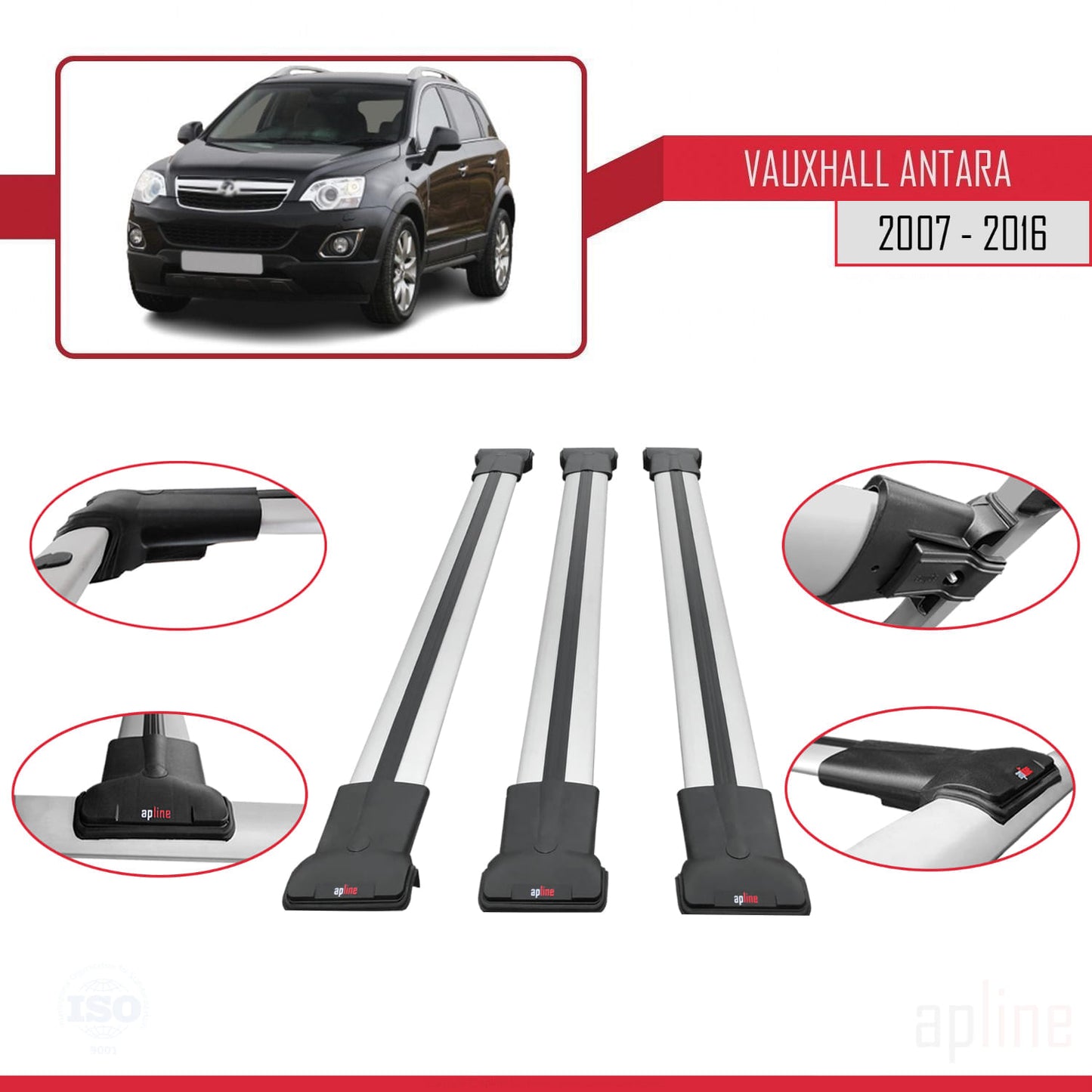 Compatible with Vauxhall Antara 2007-2016 FLY Model Car Roof Rack Cross Bar Grey Aluminium 3 Bars