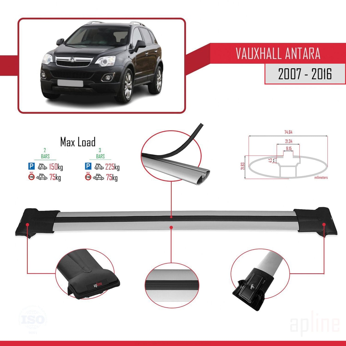 Compatible with Vauxhall Antara 2007-2016 FLY Model Car Roof Rack Cross Bar Grey Aluminium 2 Bars