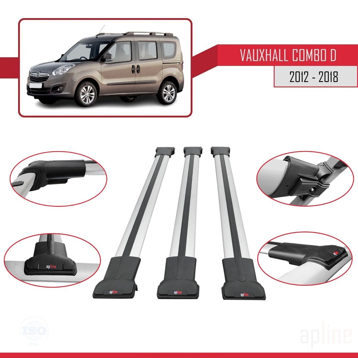 Compatible with Vauxhall Combo D 2012-2018 FLY Model Car Roof Rack Cross Bar Grey Aluminium 3 Bars