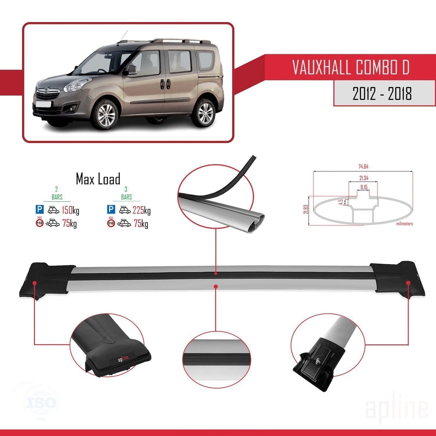 Compatible with Vauxhall Combo D 2012-2018 FLY Model Car Roof Rack Cross Bar Grey Aluminium 2 Bars