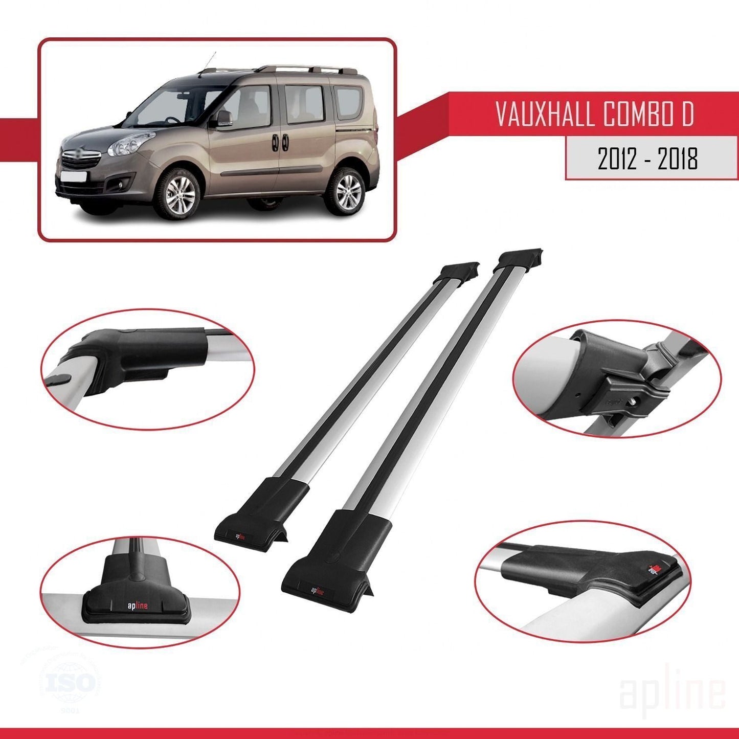 Compatible with Vauxhall Combo D 2012-2018 FLY Model Car Roof Rack Cross Bar Grey Aluminium 2 Bars