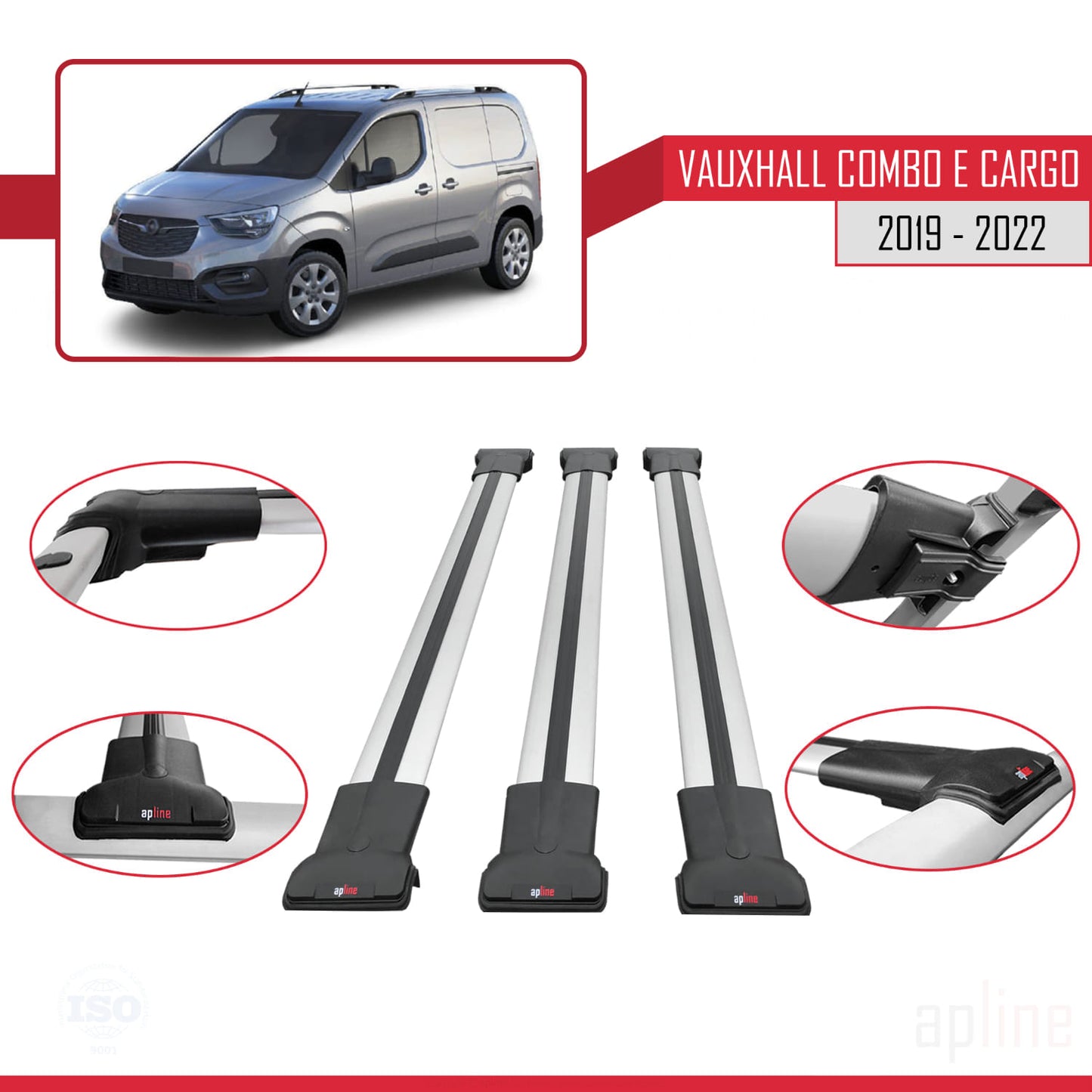 Compatible with Vauxhall Combo E Cargo 2019-2022 FLY Model Car Roof Rack Cross Bar Grey Aluminium 3 Bars