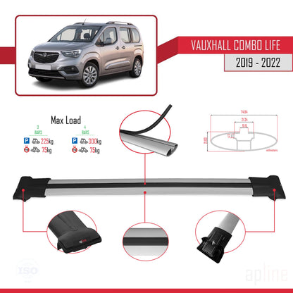 Compatible with Vauxhall Combo E Life 2019-2022 FLY Model Car Roof Rack Cross Bar Grey Aluminium 3 Bars