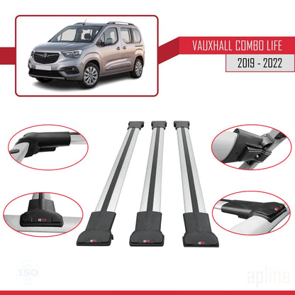 Compatible with Vauxhall Combo E Life 2019-2022 FLY Model Car Roof Rack Cross Bar Grey Aluminium 3 Bars