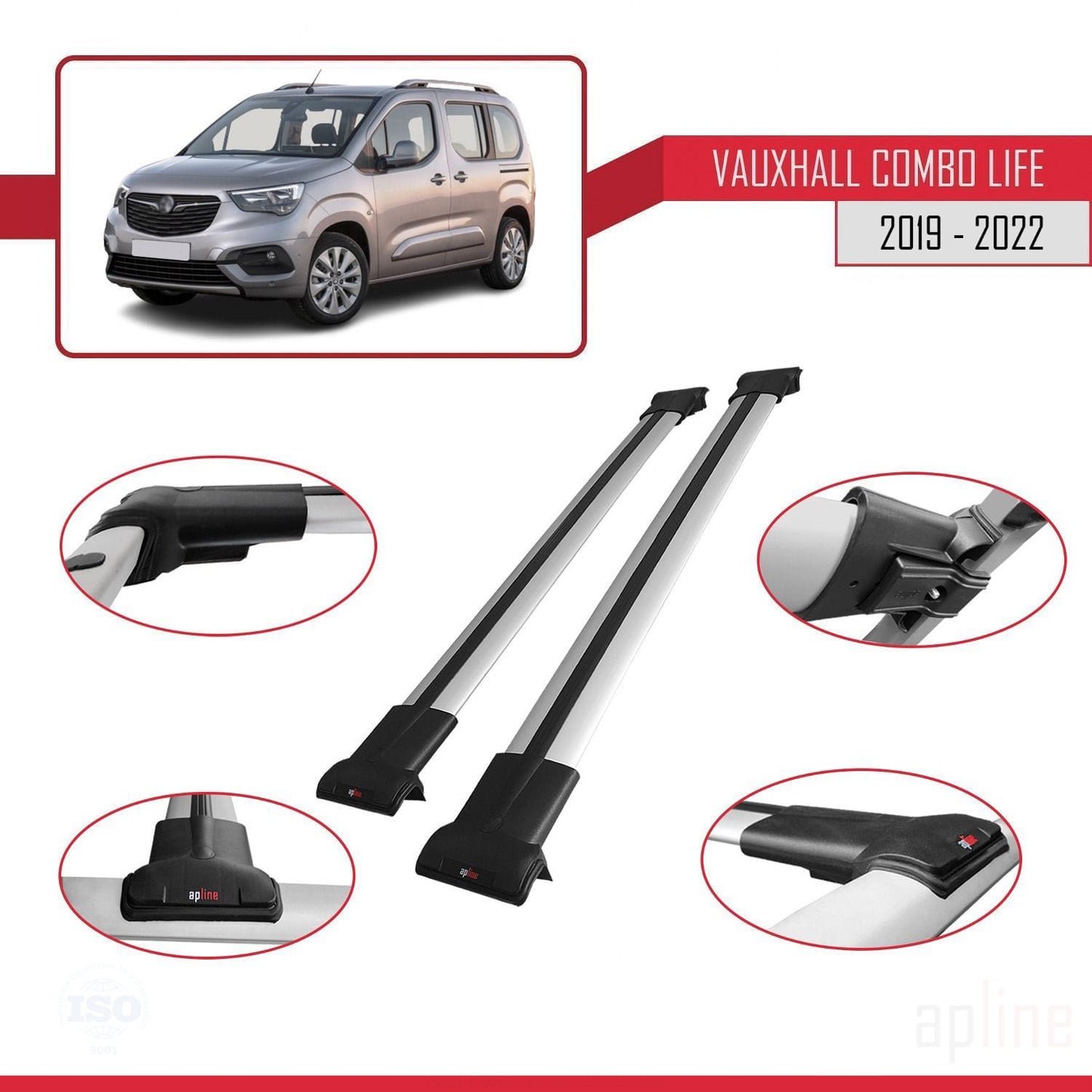 Compatible with Vauxhall Combo E Life 2019-2022 FLY Model Car Roof Rack Cross Bar Grey Aluminium 2 Bars