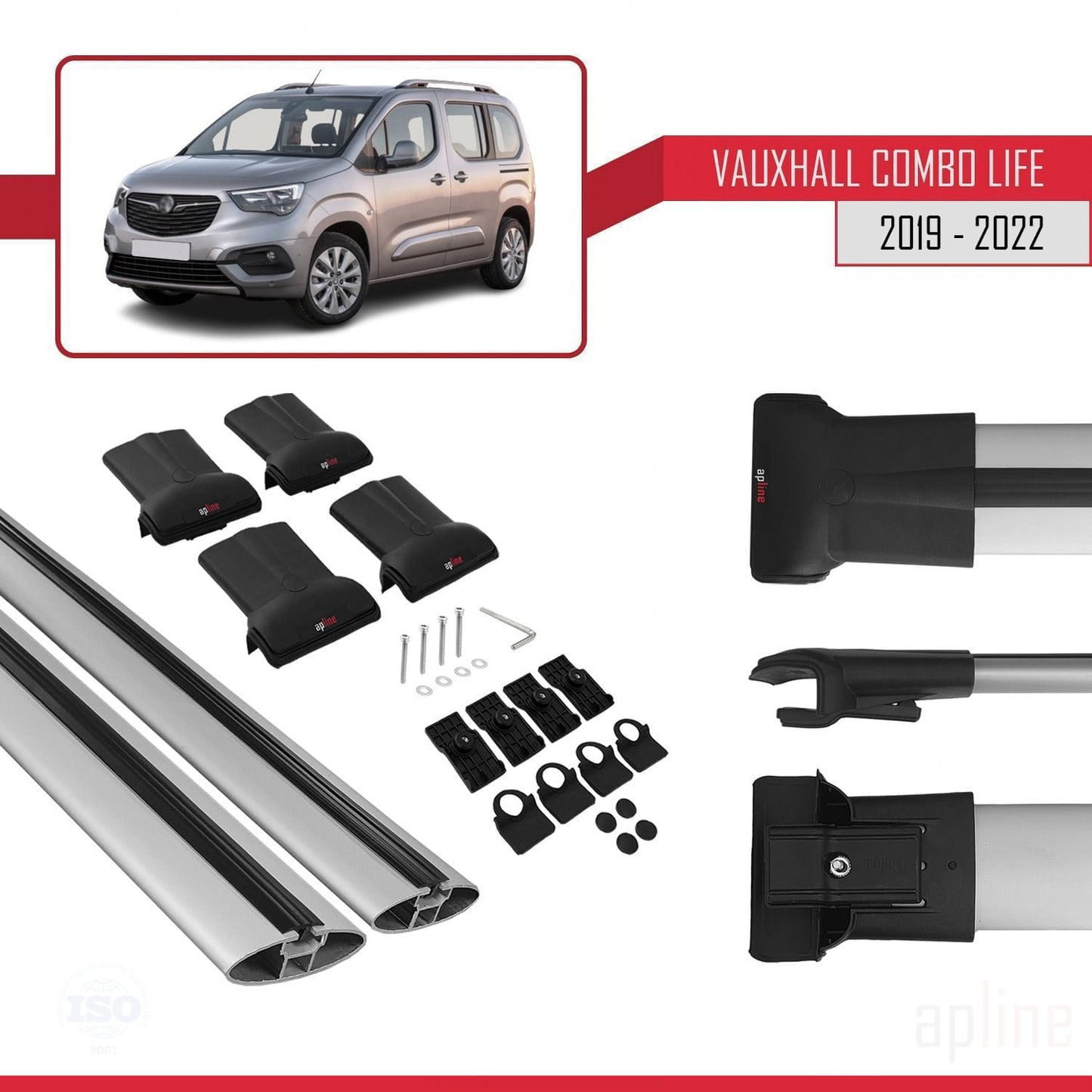 Compatible with Vauxhall Combo E Life 2019-2022 FLY Model Car Roof Rack Cross Bar Grey Aluminium 2 Bars
