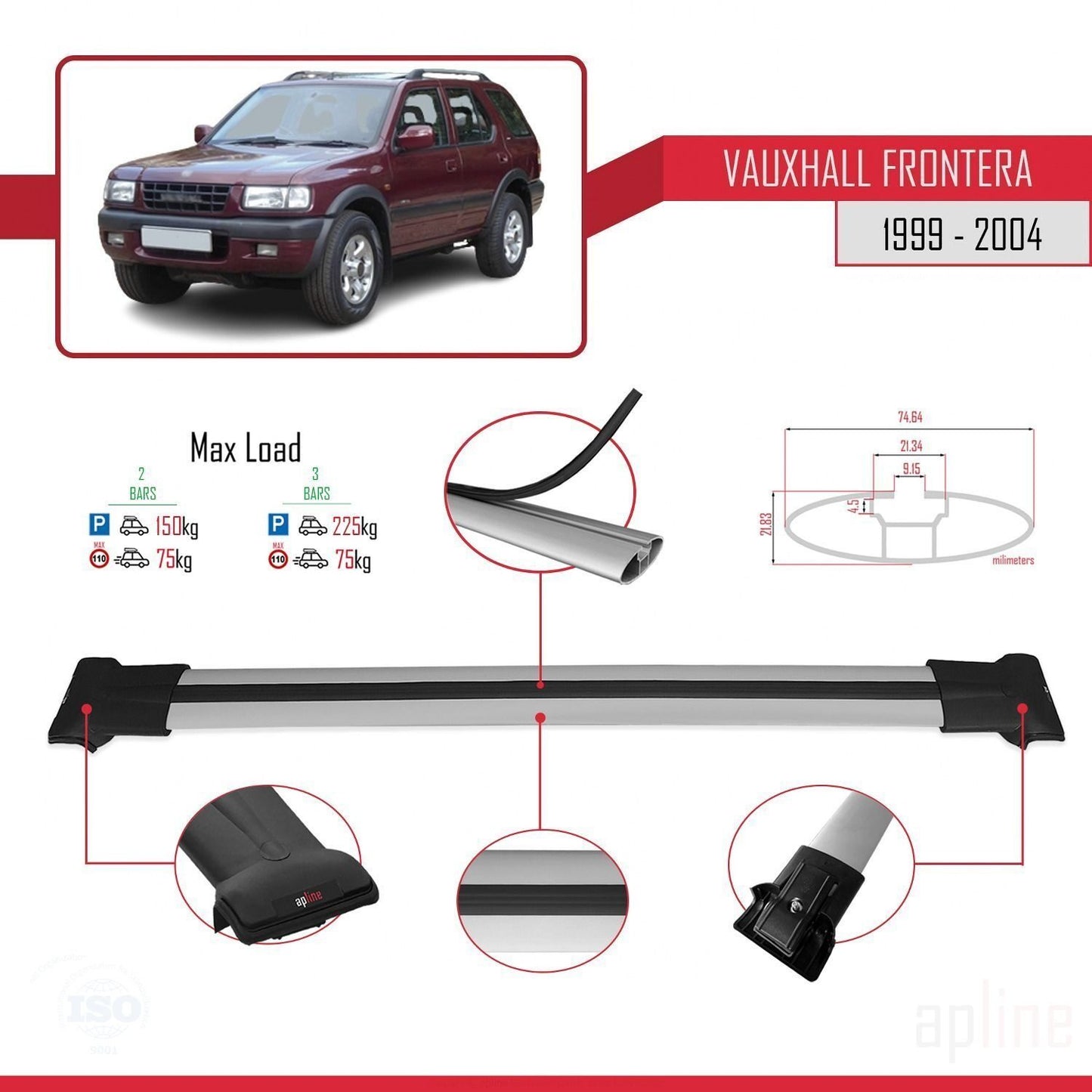 Compatible with Vauxhall Frontera 2 1999-2004 FLY Model Car Roof Rack Cross Bar Grey Aluminium 2 Bars