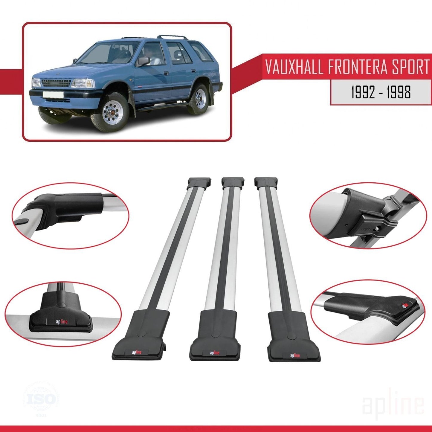 Compatible with Vauxhall Frontera Sport 1992-1998 FLY Model Car Roof Rack Cross Bar Grey Aluminium 3 Bars