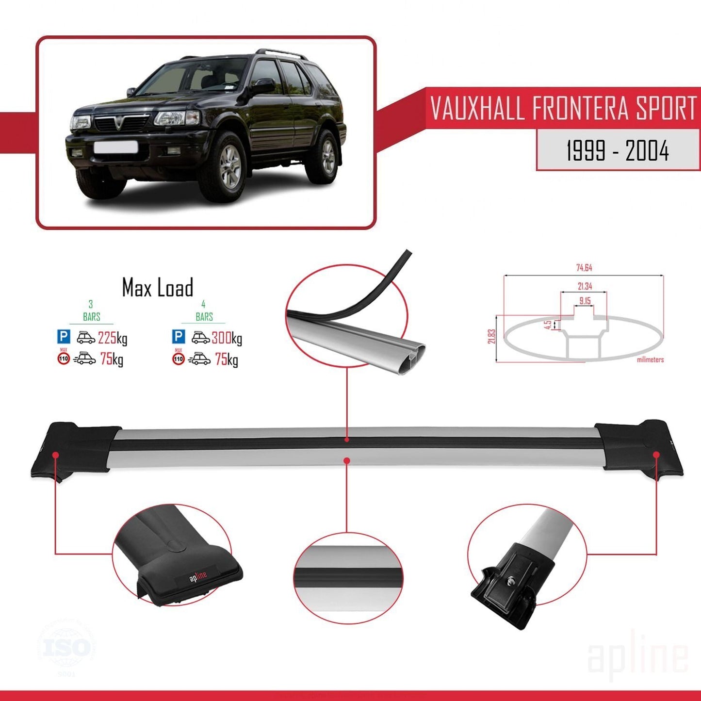 Compatible with Vauxhall Frontera 2 Sport 1999-2004 FLY Model Car Roof Rack Cross Bar Grey Aluminium 3 Bars