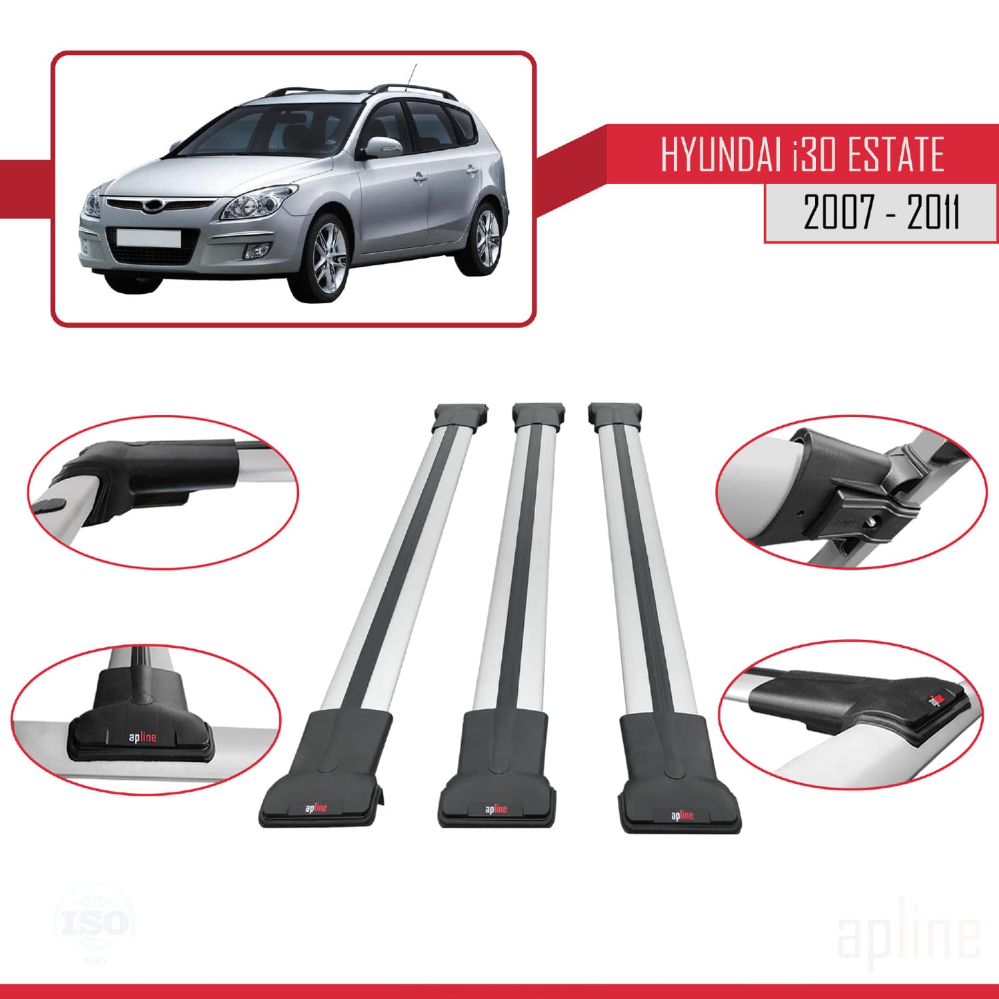 Compatible with Hyundai i30 (FD) SW 2007-2011 FLY Model Car Roof Rack Cross Bar Grey Aluminium 3 Bars
