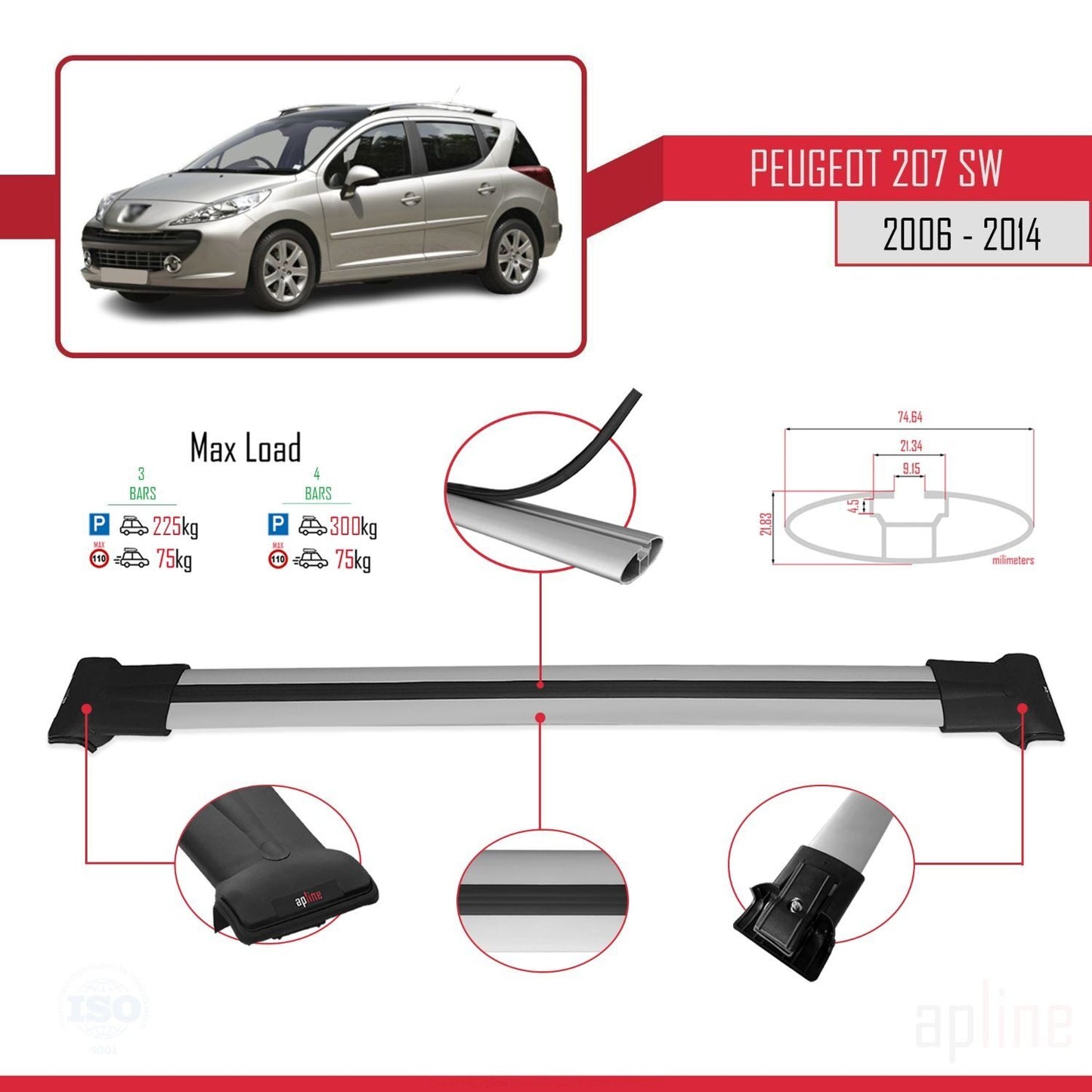 Compatible with Peugeot 207 SW 2006-2014 FLY Model Car Roof Rack Cross Bar Grey Aluminium 3 Bars