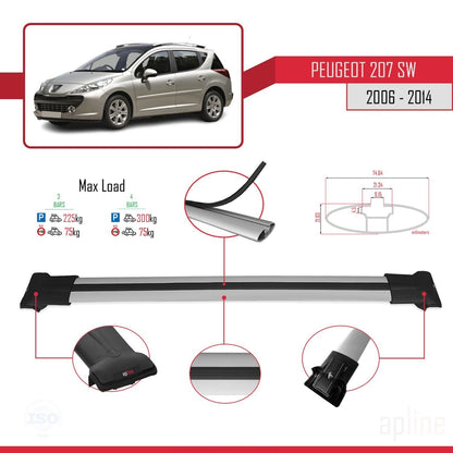 Compatible with Peugeot 207 SW 2006-2014 FLY Model Car Roof Rack Cross Bar Grey Aluminium 3 Bars